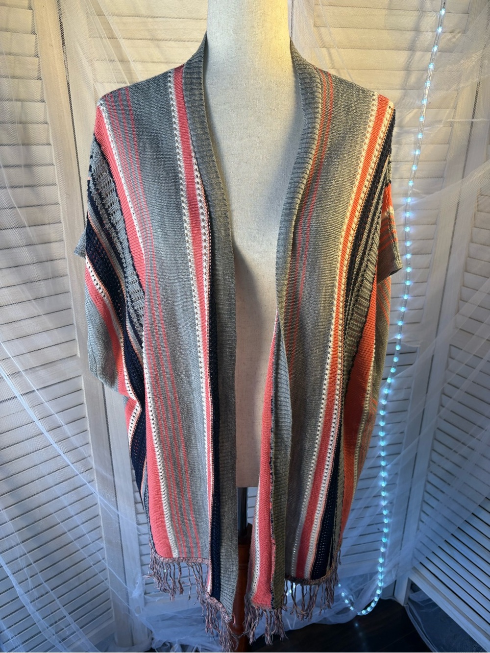 Say What? Striped Open-Front Shawl Cardigan in Gray, Coral and Navy